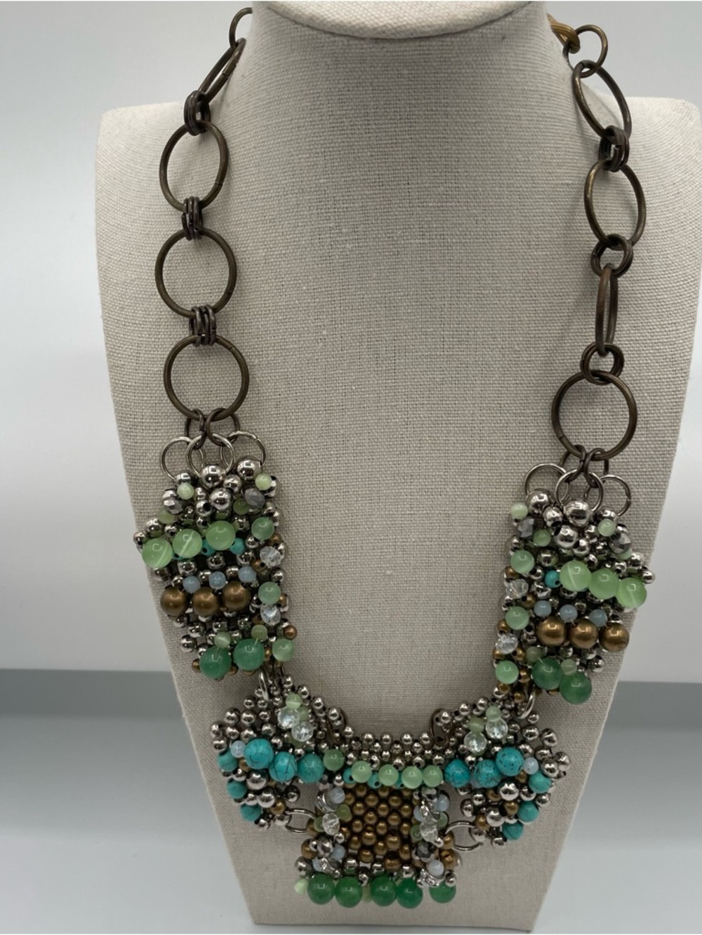 Anthropologie Green and Turquoise Beaded Statement Necklace - Picture 3 of 9